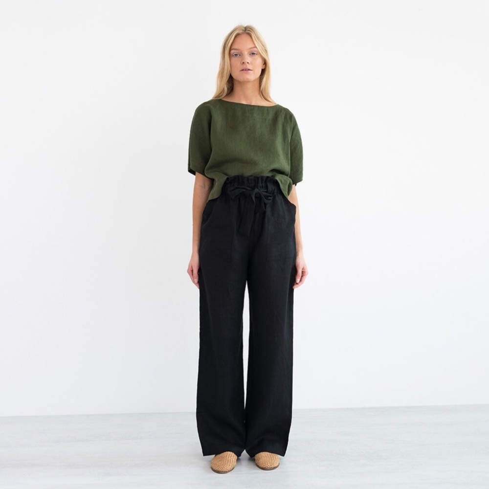 JULIET Wide Leg Linen Pants - X Small (Black)